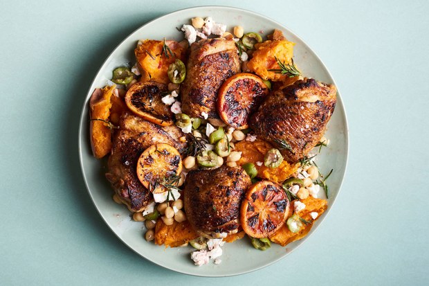 Charred Chicken with Sweet Potatoes and Oranges